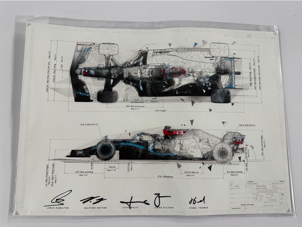 Hand signed Mercedes technical drawing