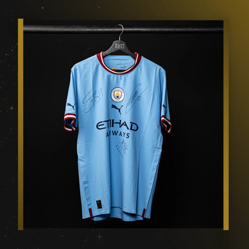 Manchester City Shirt Signed by Haaland, de Bruyne and Foden