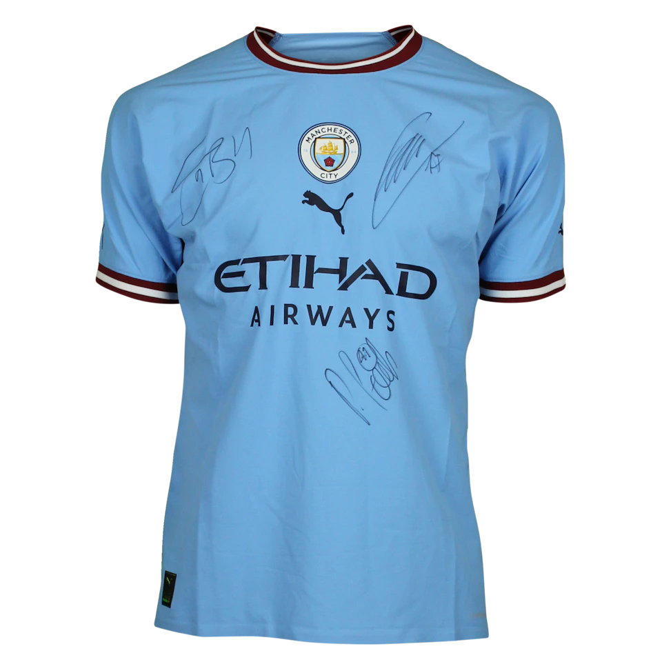 Manchester City Shirt Signed by Haaland, de Bruyne and Foden